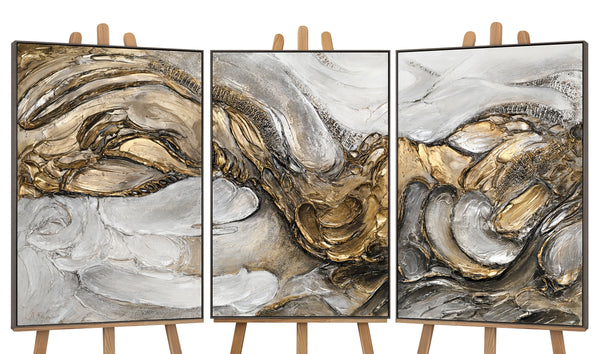 Käsinmaalattu kangasmaalaus Olohuoneeseen – Triptyykki kehyksellä „Tsunami“, taulu kotiin, canvas taulu