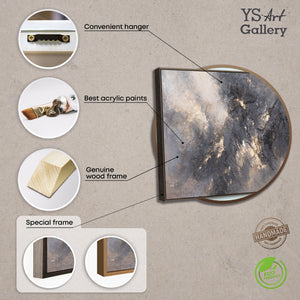 Moderni akryylimaalaus harmaan ja kullan sävyissä kehyksineen – Abstrakti seinätaide ”Sky Glow”