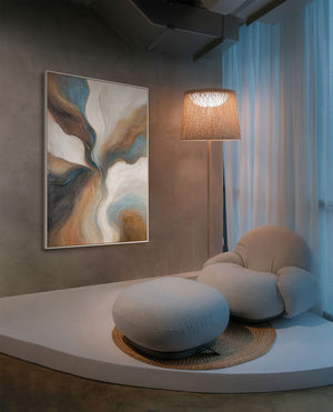 Moderni maalaus ruskealla ja sinisellä – Käsinmaalattu seinäkoriste „Ajan kuluminen“