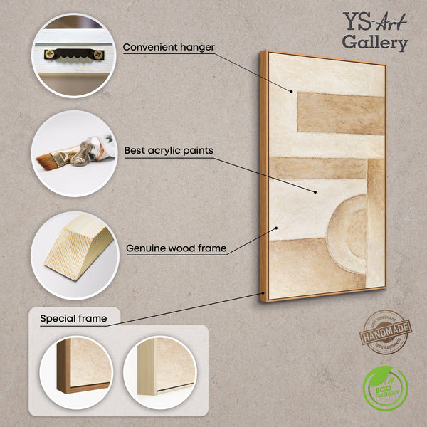 Cuadro acrílico abstracto pintado a mano en beige con marco – Arte mural moderno «Espacio de Formas»