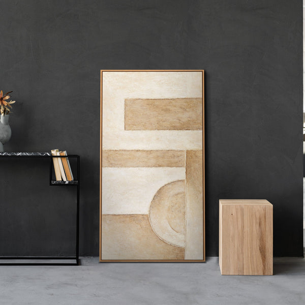 Cuadro acrílico abstracto pintado a mano en beige con marco – Arte mural moderno «Espacio de Formas»