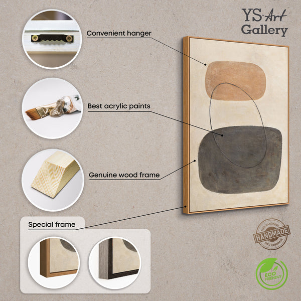 Moderni beigen ja harmaan sävyinen maalaus kehyksillä – Abstrakti taide ”Kontrastien tasapaino”