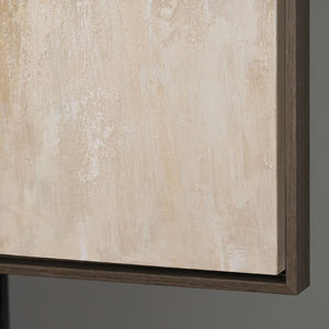 Abstrakti maalaus kehyksillä - Moderni seinätaide beigen, sinisen ja kullan sävyissä "Valon siirtymät"