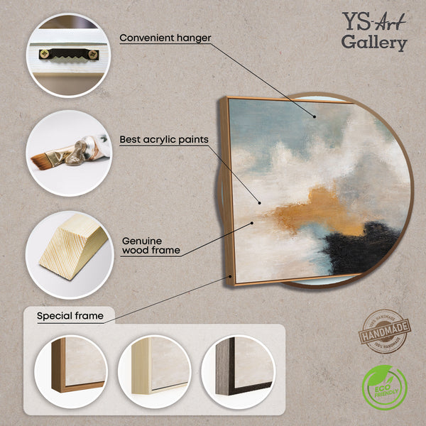 Abstrakti maalaus kehyksillä - Moderni seinätaide beigen, sinisen ja kullan sävyissä "Valon siirtymät"