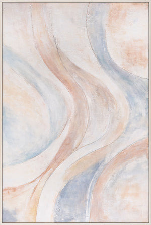 Abstrakti canvas-maalaus, beige ja sininen – teksturoitu kehystetty maalaus ”Tuulen linjat”