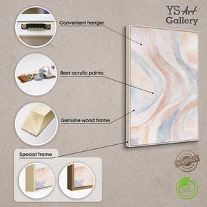 Abstrakti canvas-maalaus, beige ja sininen – teksturoitu kehystetty maalaus ”Tuulen linjat”