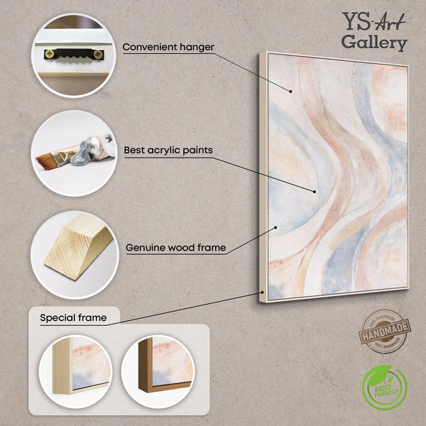 Abstrakti canvas-maalaus, beige ja sininen – teksturoitu kehystetty maalaus ”Tuulen linjat”