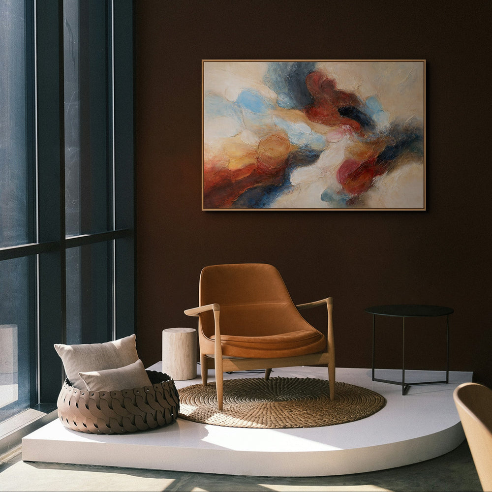 Käsinmaalattu akryylimaalaus kehyksillä – Moderni seinätaide sinisen ja punaisen sävyissä ”Music in Color”