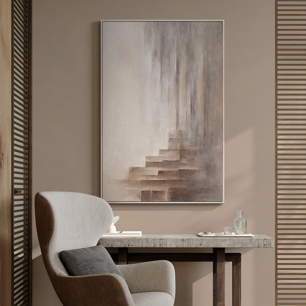 Minimalistinen abstrakti seinätaide syvyydellä – kehystetty akryylimaalaus ”Illuusioiden rajat”