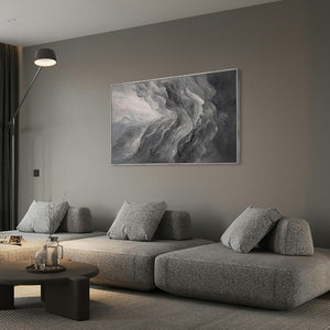 Moderni abstrakti harmaa akryylimaalaus – teksturoitu seinätaide kehyksellä ”Memory of the Rocks”