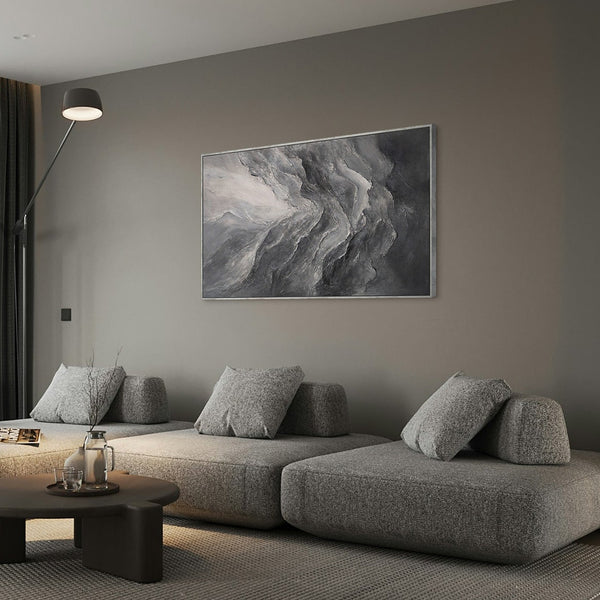 Moderni abstrakti harmaa akryylimaalaus – teksturoitu seinätaide kehyksellä ”Memory of the Rocks”