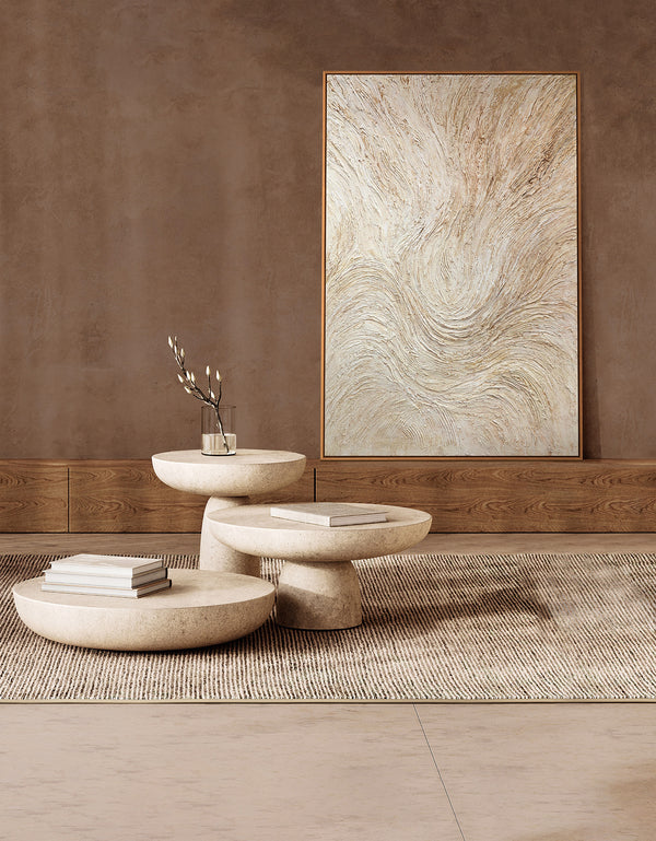 Kehyksellinen maalaus “Puuvirta” – Abstrakti taide beigessä ja kermassa