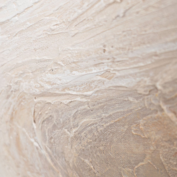 Abstrakte Strukturmalerei auf Leinwand in warmem Beige, Detailaufnahme