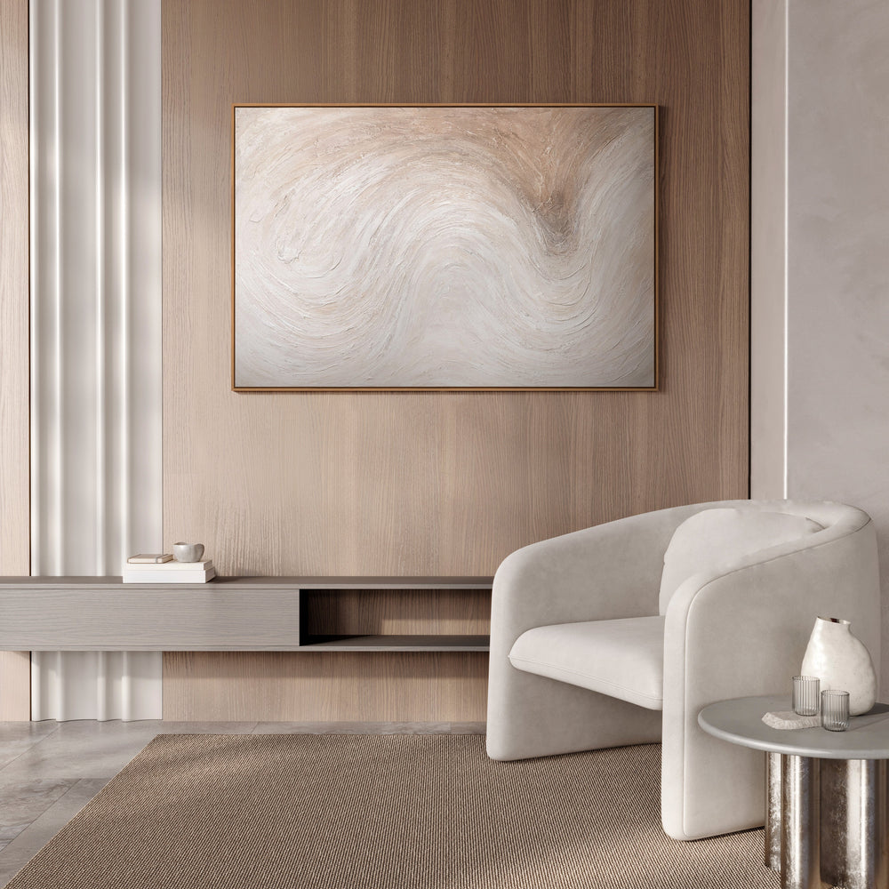 Abstrakti kankaalle maalattu maalaus "Valovirta" vaaleissa luonnon sävyissä kehyksessä