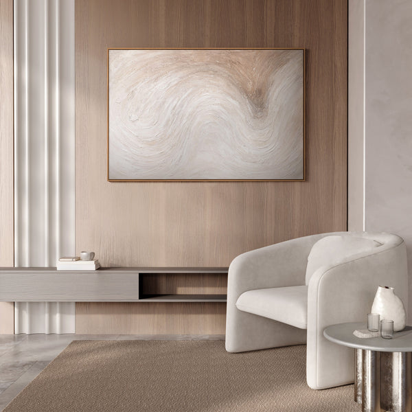 Abstrakti kankaalle maalattu maalaus "Valovirta" vaaleissa luonnon sävyissä kehyksessä