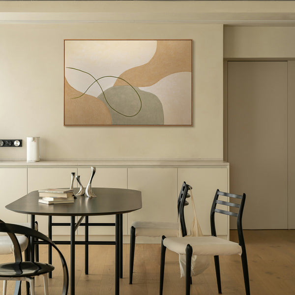 Abstraktia taidetta kankaalle kehyksessä, jossa on lempeät viivat ”Lomittuminen”