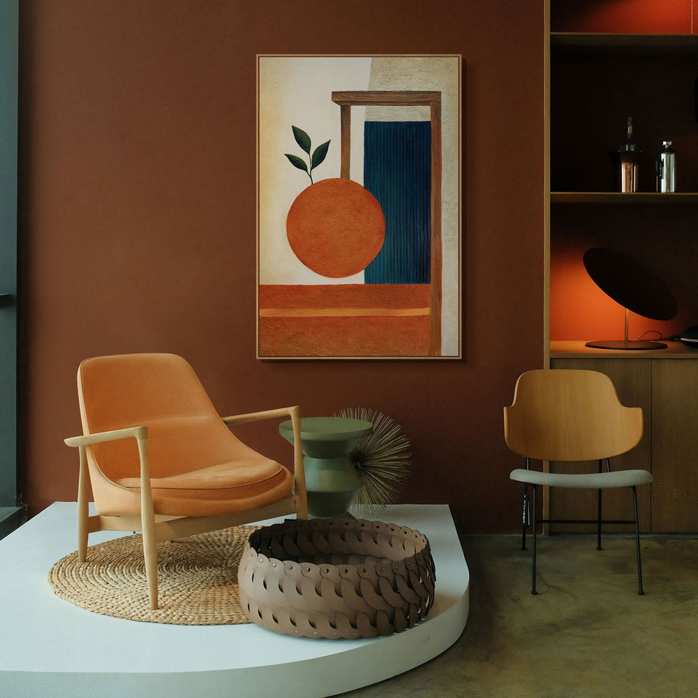 Käsinmaalattu taulu „Hedelmäinen tasapaino“ – abstrakti seinätaide rakenteellisella pinnalla