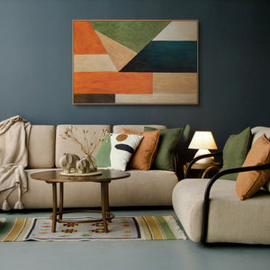 Moderneja akryylimaalauksia geometrisella rakenteella "Järjestys ja liike" -kehyksessä