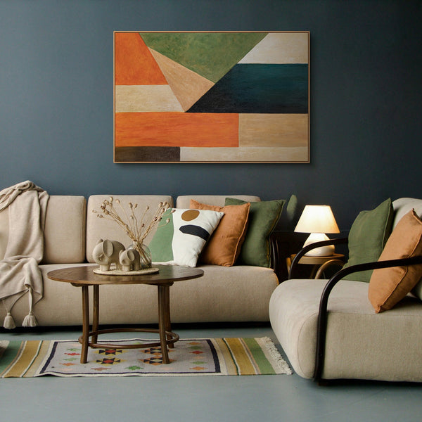 Moderneja akryylimaalauksia geometrisella rakenteella "Järjestys ja liike" -kehyksessä