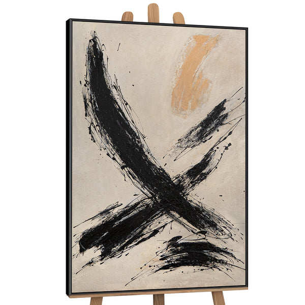 Käsinmaalattu taulu „Siveltimen Voima” – Abstrakti taide mustassa ja beigen sävyissä