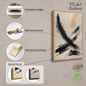 Käsinmaalattu taulu „Siveltimen Voima” – Abstrakti taide mustassa ja beigen sävyissä