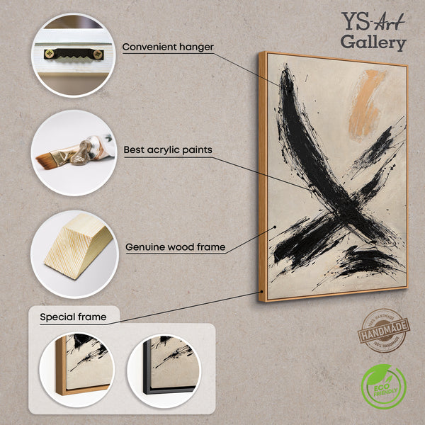 Käsinmaalattu taulu „Siveltimen Voima” – Abstrakti taide mustassa ja beigen sävyissä