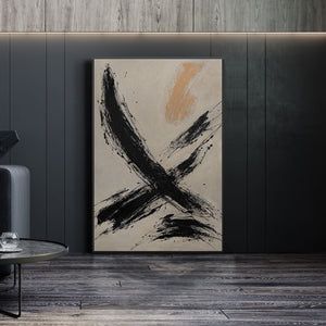 Käsinmaalattu taulu „Siveltimen Voima” – Abstrakti taide mustassa ja beigen sävyissä