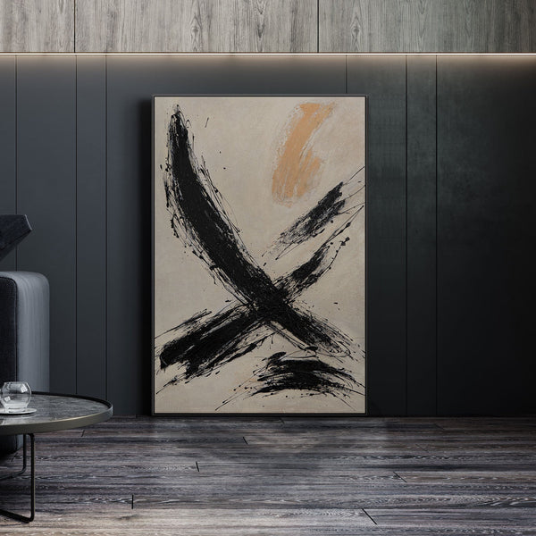 Käsinmaalattu taulu „Siveltimen Voima” – Abstrakti taide mustassa ja beigen sävyissä