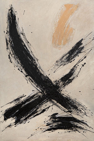 Käsinmaalattu taulu „Siveltimen Voima” – Abstrakti taide mustassa ja beigen sävyissä