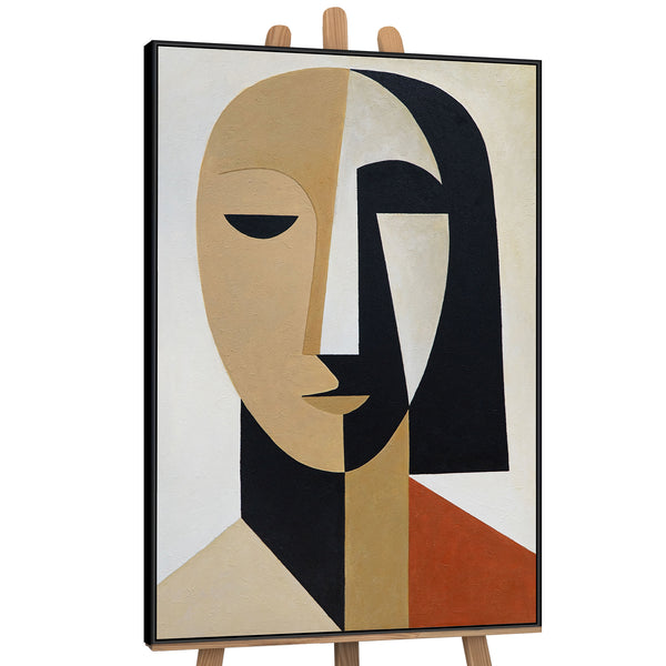 Handgemaltes Acrylbild mit Rahmen „Geometrie des Gesichts“ – Kubistische Wandkunst auf Leinwand