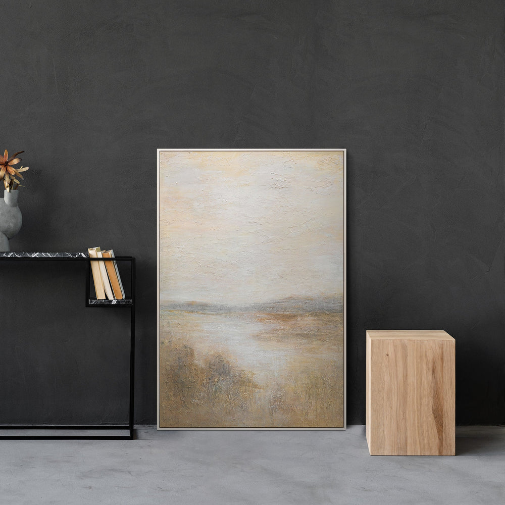 Käsinmaalattu taulu „Sumuinen aamu“ – moderni rakenteellinen akryylimaalaus kankaalle