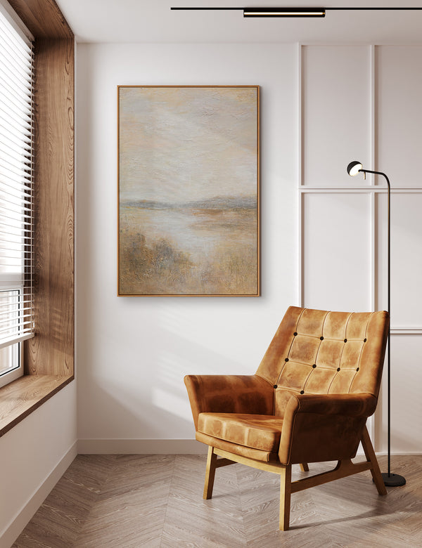 Käsinmaalattu taulu „Sumuinen aamu“ – moderni rakenteellinen akryylimaalaus kankaalle