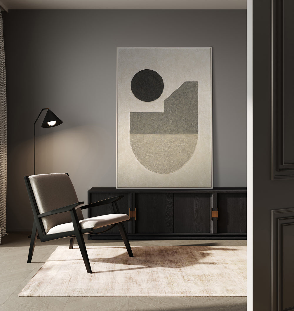 Geometrinen seinätaide „Geometrian hiljaisuus“ – minimalistinen käsinmaalattu akryylimaalaus