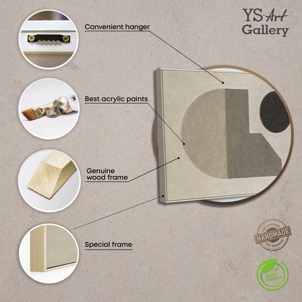 Moderni akryylimaalaus kehyksessä, geometrinen kankaalle maalattu maalaus "Geometrian hiljaisuus"