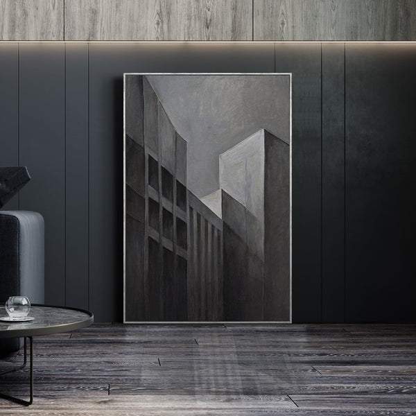 Gemälde Abstrakt mit Rahmen „Stadtkonturen“ – Moderne Acrylmalerei in Grau & Schwarz