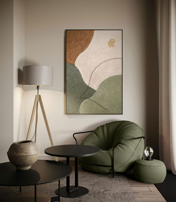 Abstrakti maalaus rakenteella beige, vihreä ja kulta – Moderni akryylitaulu canvas taulut