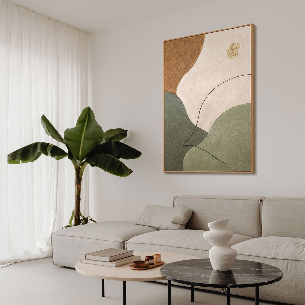 Abstrakti maalaus rakenteella beige, vihreä ja kulta – Moderni akryylitaulu canvas taulut