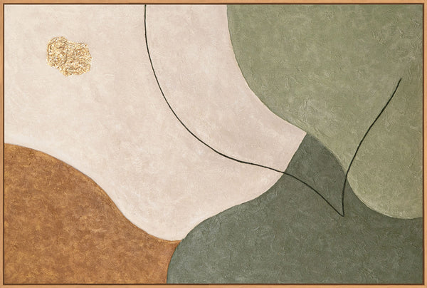 Käsinmaalattu akryylitaide – Moderni vihreän ja beigen sävyinen muraali ”Laaksojen kuiskaus”