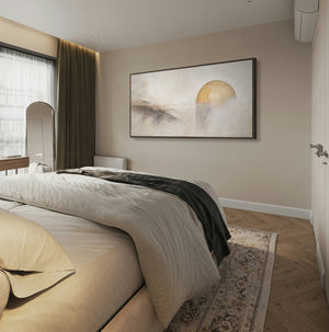 Käsinmaalattu struktuuri maalaus "Horisonttilinja" – Seinäkori beigessä ja kullassa