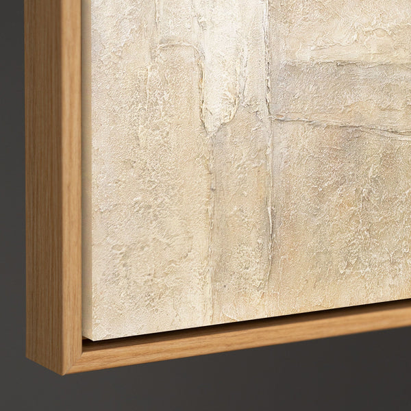 Abstrakti akryylimaalaus kankaalle beigenharmaana ”Ajan vertikaalit”