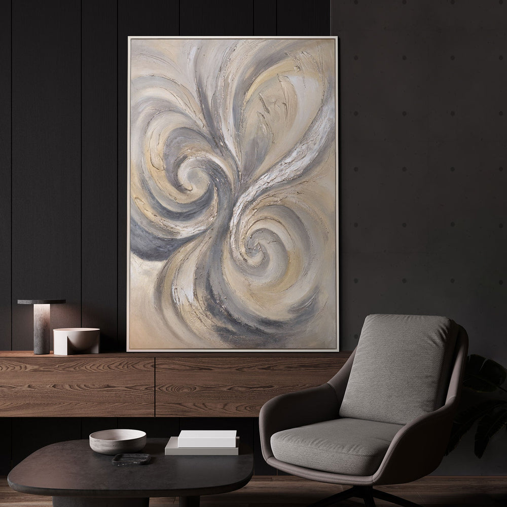 Abstrakti akryylimaalaus "Hiekka ja pilvet" – Käsinmaalattu canvas taulu beige ja harmaa olohuoneeseen