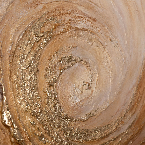 Abstraktes Kunstbild mit kreisförmigem Wirbel in Gold- und Sandfarben, Detailansicht