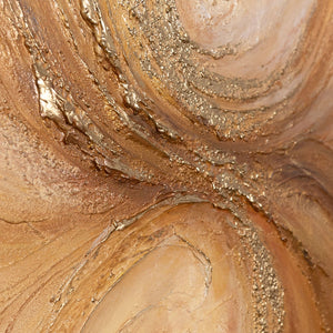 Abstraktes Leinwandbild mit goldener Struktur und Wirbelmuster