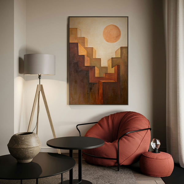 Käsinmaalattu canvas taulu "Nousu" – Abstrakti taide rakenteella ja auringolla