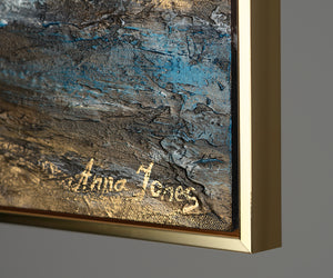 Koko abstrakti taulu – käsinmaalattu canvas teos olohuoneeseen, meri-maisemamaalaus Kultainen lahti