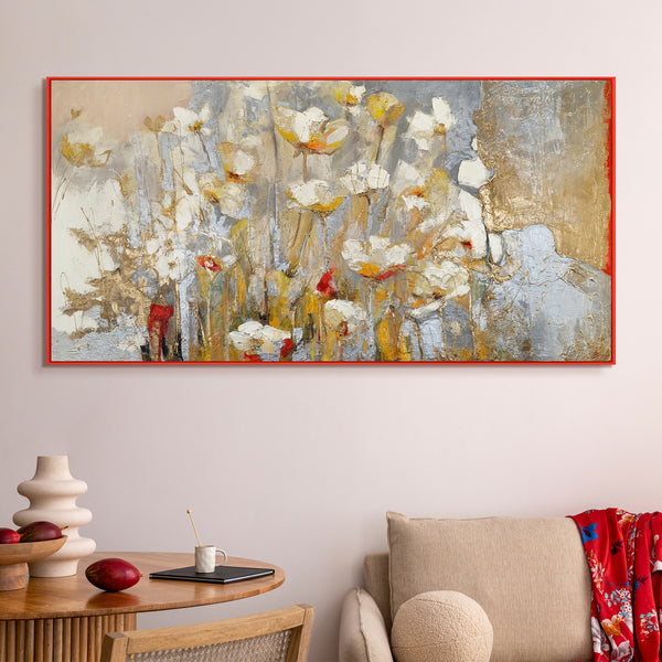 Moderne Acrylbilder Frühlingsduft - Handgemalte Blumen auf Leinwand mit Gold Akzenten mit Rahmen