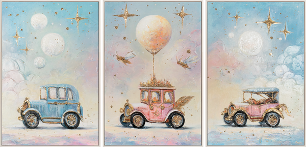 Kankaalle tehty triptyykki „Satumainen Katu“ – lastenhuoneen seinätaide 180x120 cm