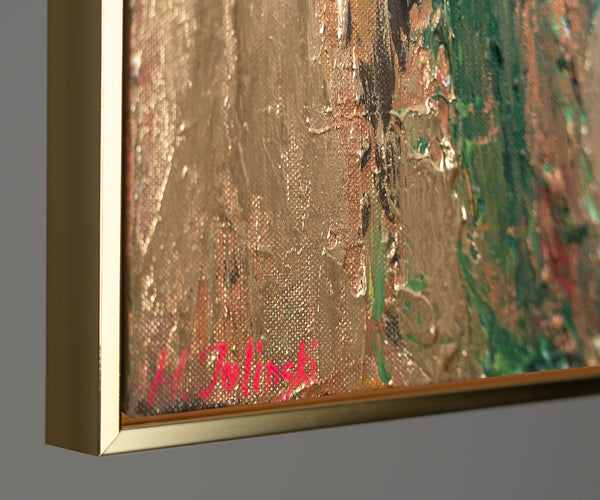 Modernes Leinwandbild „Blumensilhouetten“ – Abstrakte Kunst mit Goldrahmen