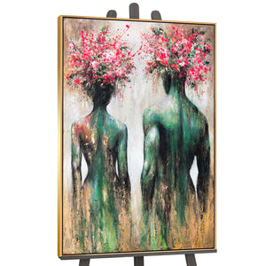 Modernes Leinwandbild „Blumensilhouetten“ – Abstrakte Kunst mit Goldrahmen