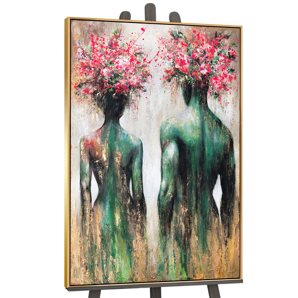 Modernes Leinwandbild „Blumensilhouetten“ – Abstrakte Kunst mit Goldrahmen